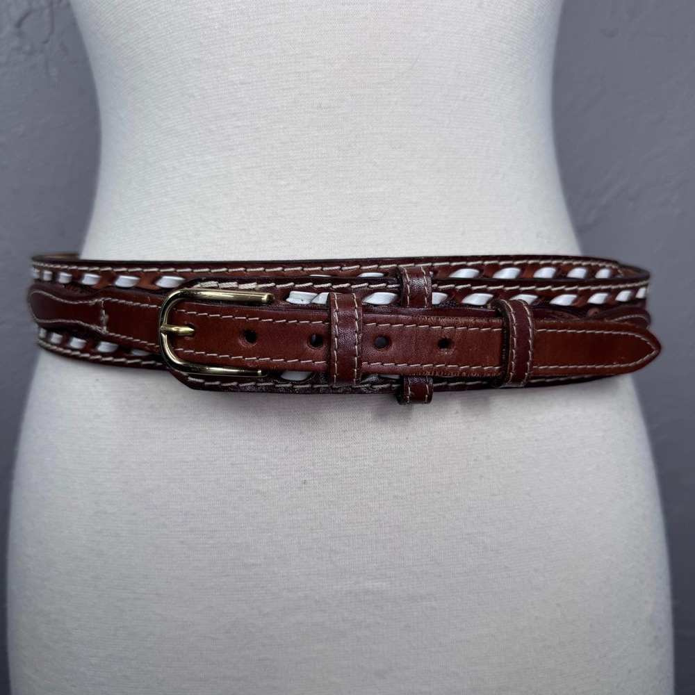 Wrangler 30" dark brown saddle leather hand-laced tooled leather belt boho rodeo